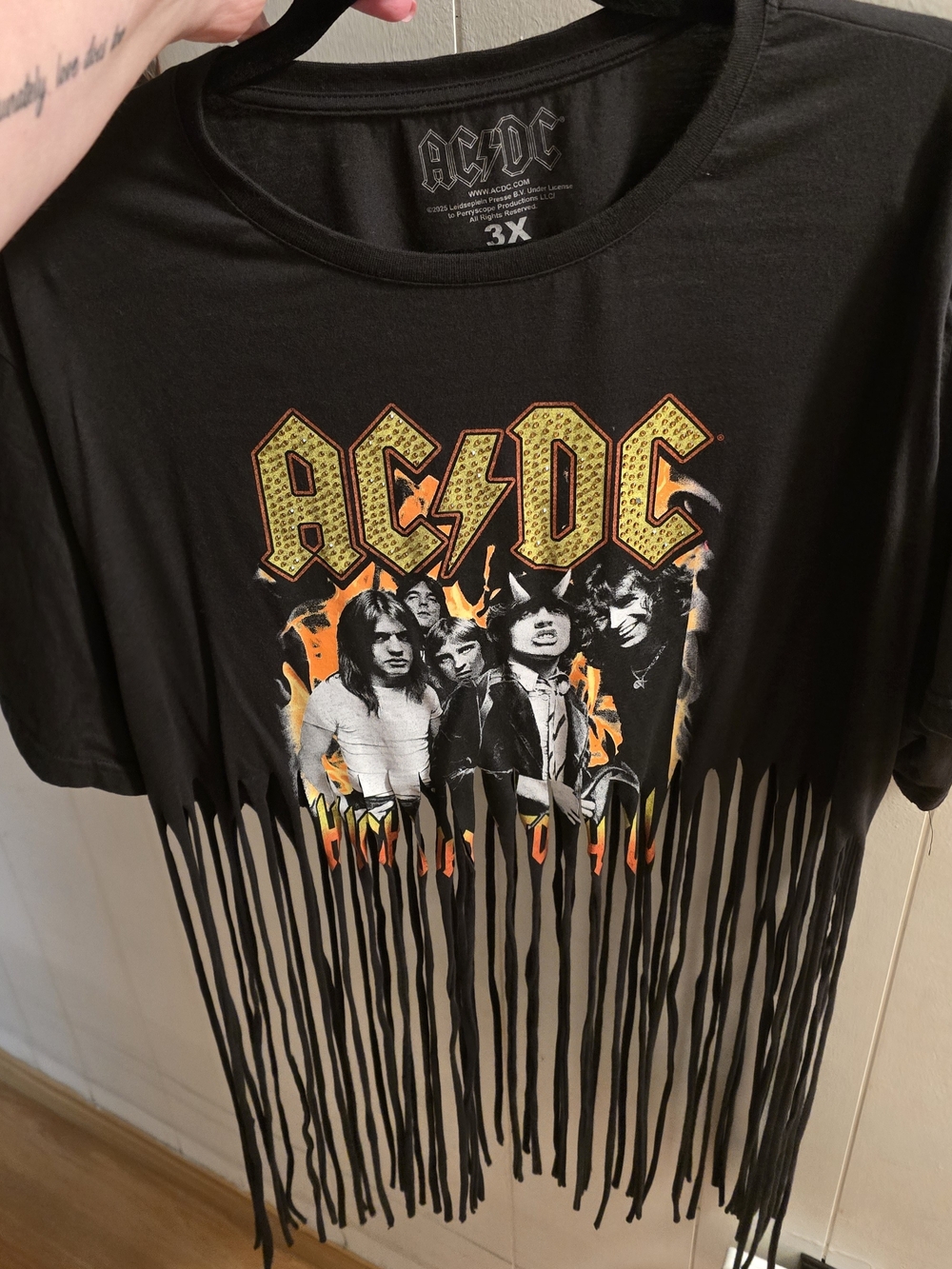 AC/DC Black Kids Fringe Tee with Yellow and Orange Band Graphic